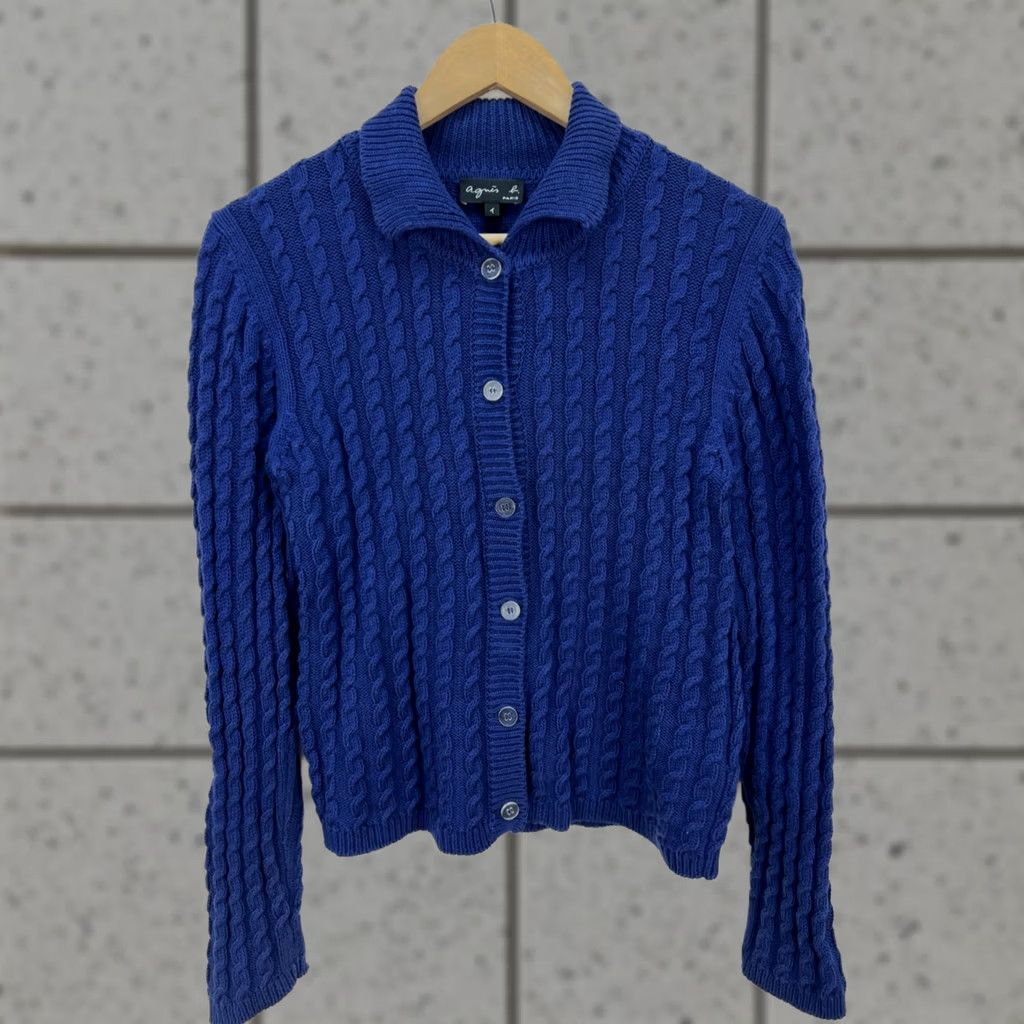 Vintage Agnes B Paris Blue Cotton Cable Knit Cardigan Sweater Collared Button Up Sz S Womens Cardigan Blue Knit Button Up Size S Size S / US 4 / IT 40 - 1 Thumbnail