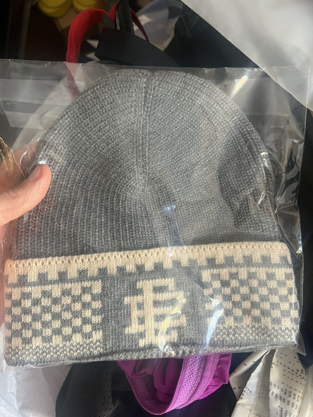 Eric Emanuel EE grey & ivory checker winter hat beanie