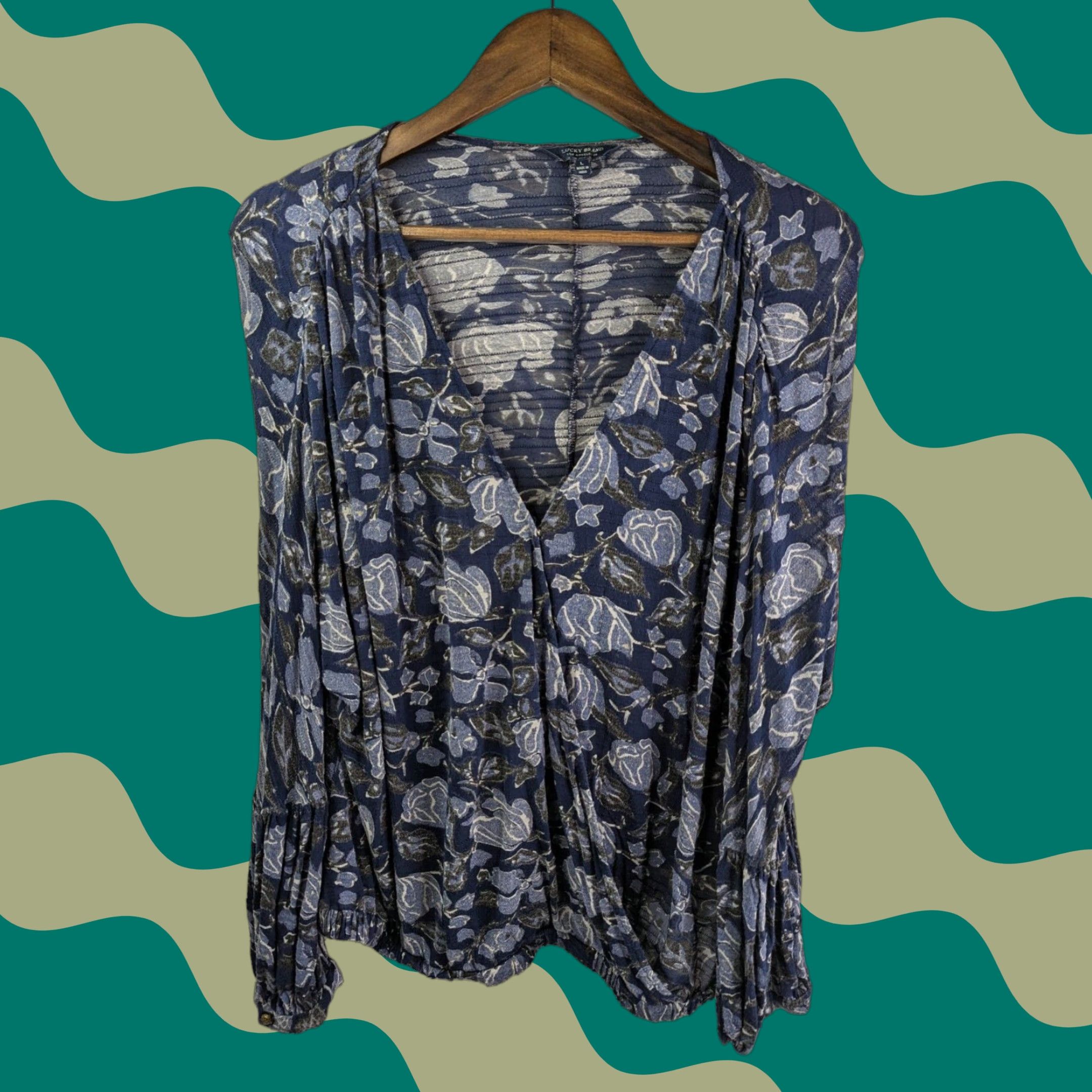 Lucky Brand Lucky Brand Blouse Shirt Long Sleeve Floral V-Neck Juliet Sleeve Regular Size L Blue Womens Size L / US 10 / IT 46 - 1 Thumbnail