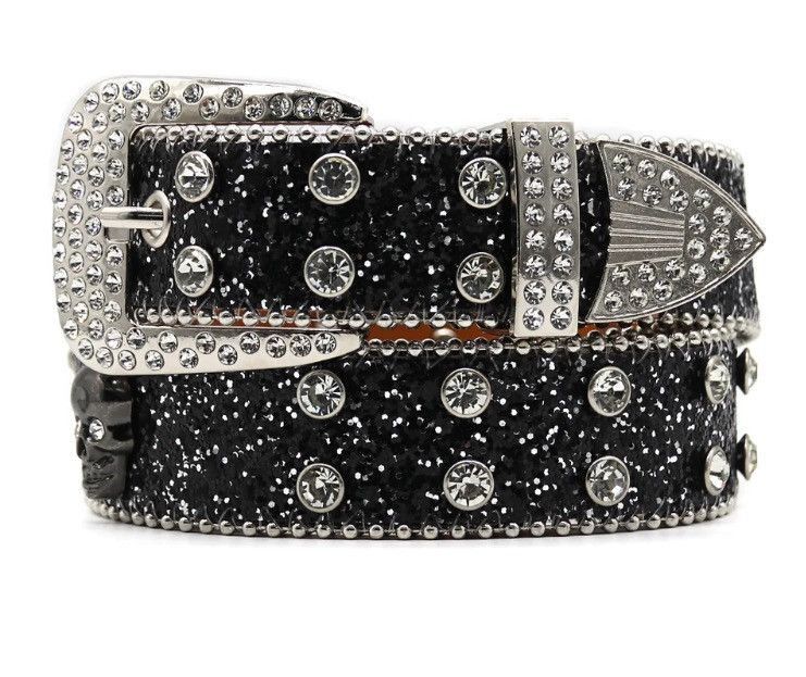 Leather Diamond Bling Strap Skull Black PU Leather Belt Size ONE SIZE - 2 Thumbnail