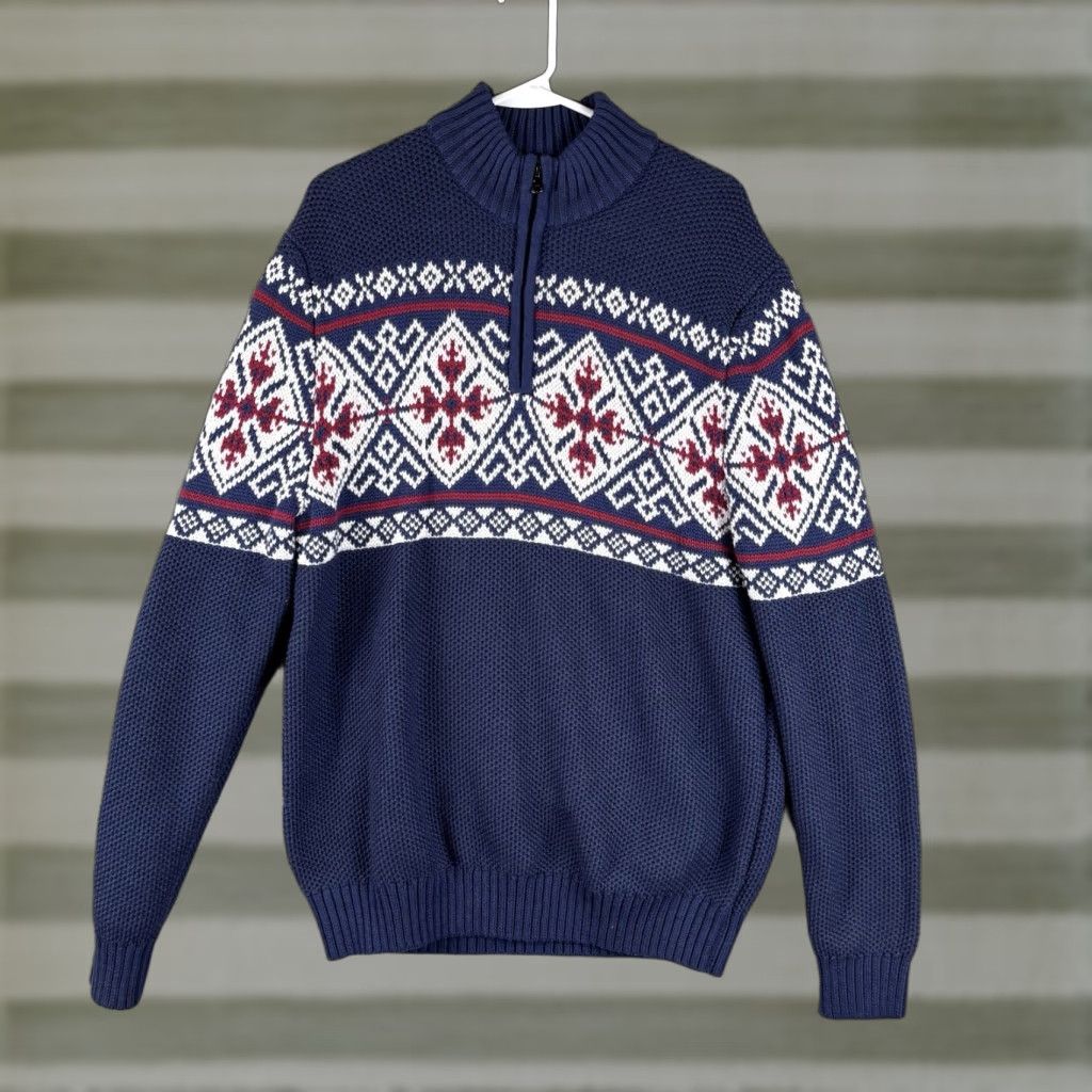 Izod VINTAGE IZOD Sweater Mens L Navy Snowflake 1/2 Zip Mockneck Ski Outdoor Knit Blues Size US L / EU 52-54 / 3 - 1 Thumbnail