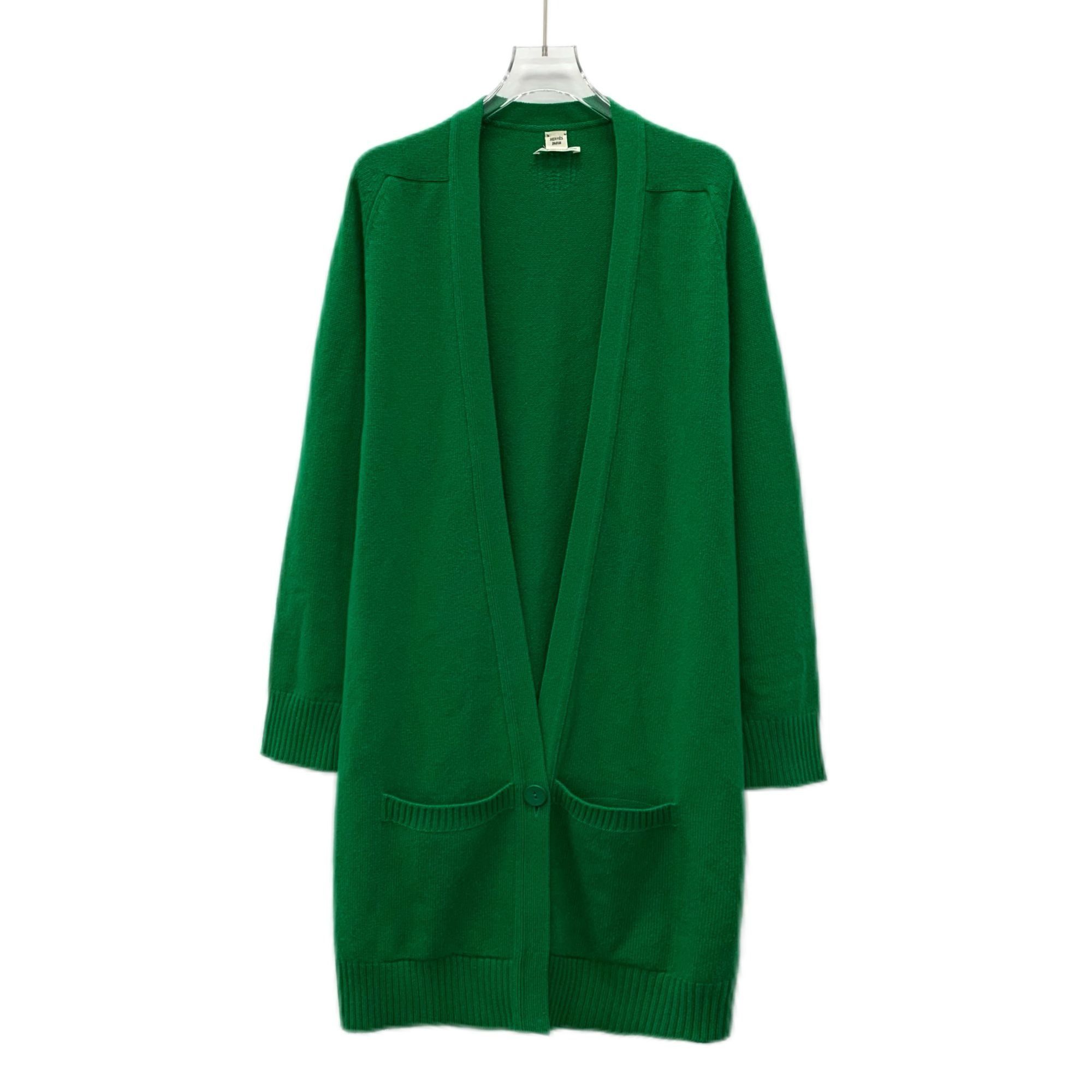Hermès Green Cashmere Long V-Neck Knitted Cardigan With Pock