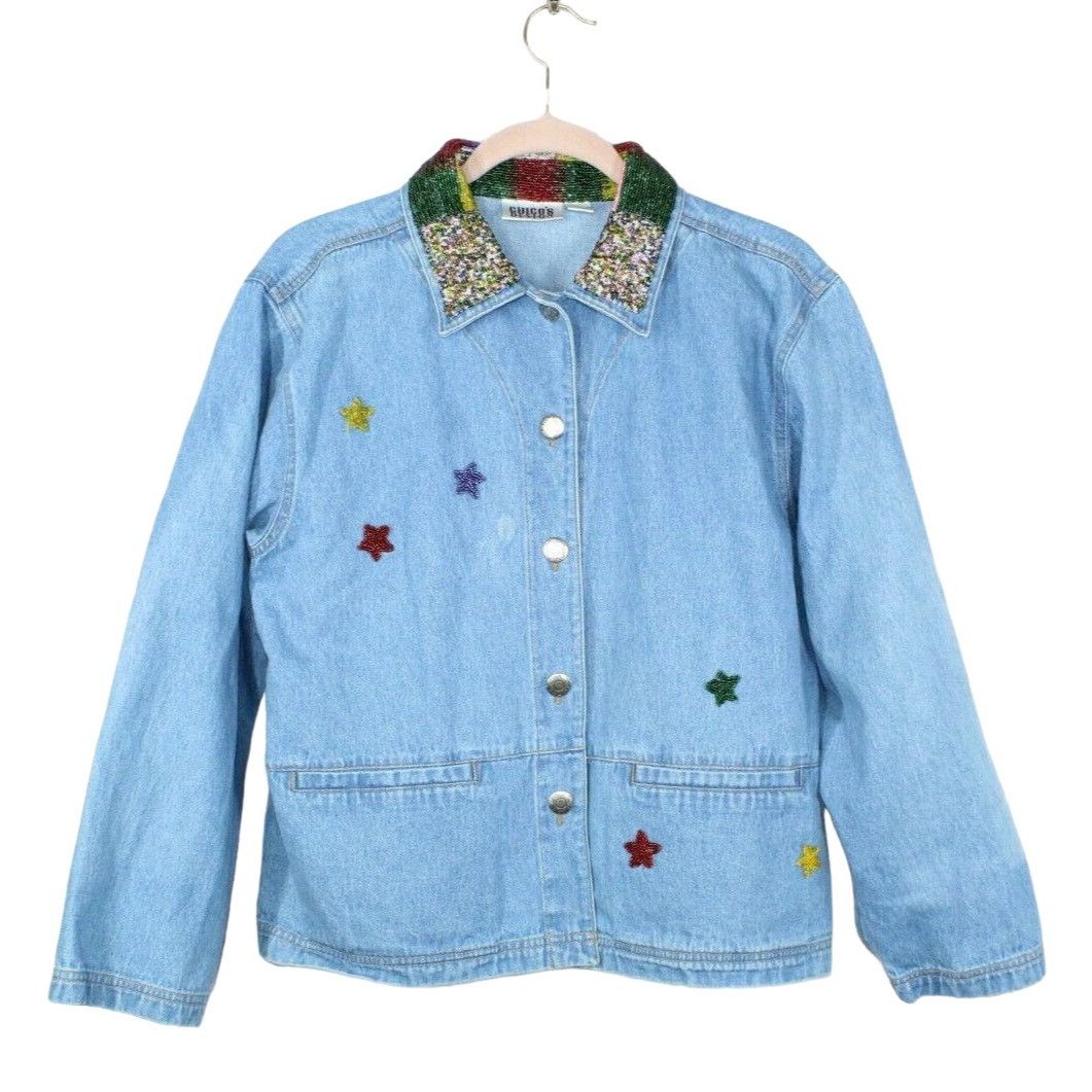 Other Chico's Design Womens Button Front Beaded Denim Jacket Size XS / US 0-2 / IT 36-38 - 1 Thumbnail