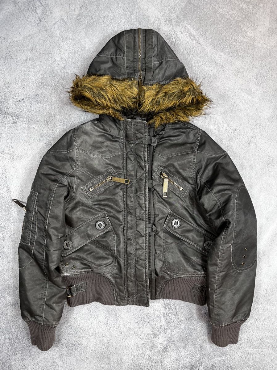 Y2K grunge cargo fur zip flight jacket