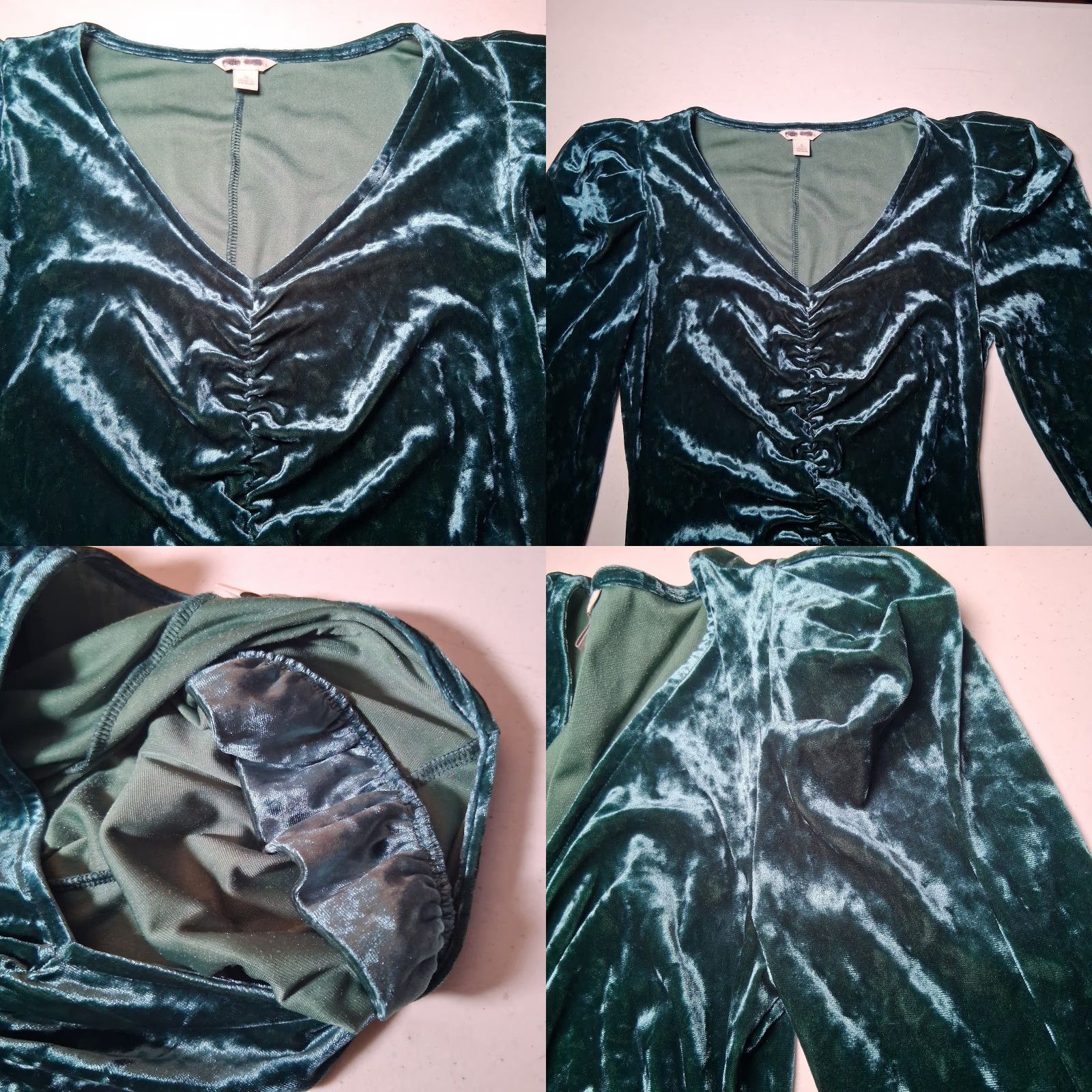 Vintage Cato Dress Small Green Velour Puff Sleeve V-Neck Long Sleeve Retro Party Wedding Bodycon Fairycore Whimsical Boho Knee Length Size S / US 4 / IT 40 - 8 Thumbnail