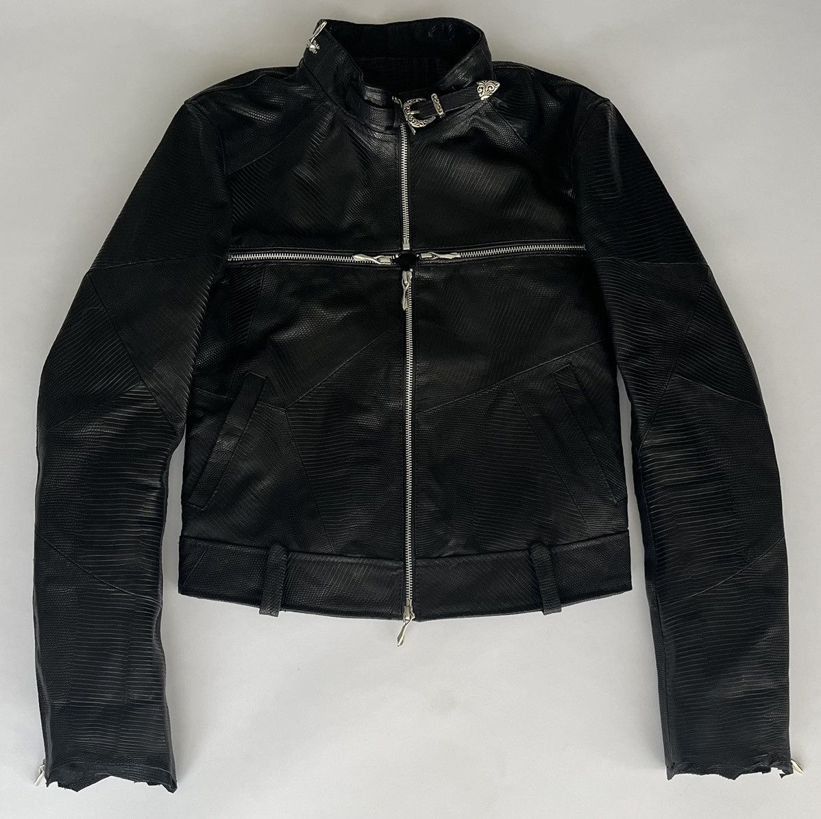 14th Addiction 14th Addiction Lizard Leather Crosszip Moto Jacket