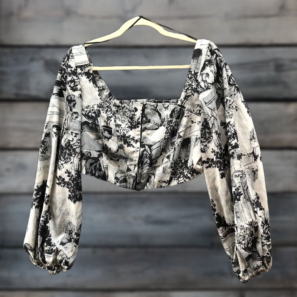 Urban Outfitters Urban Outfitters Maddie Bustier Blouse Womens L Toile Print Balloon Sleeve Cropped Square Neck Bohemian Polyester Spandex Black Shirt Womens L Size L / US 10 / IT 46 - 1 Thumbnail