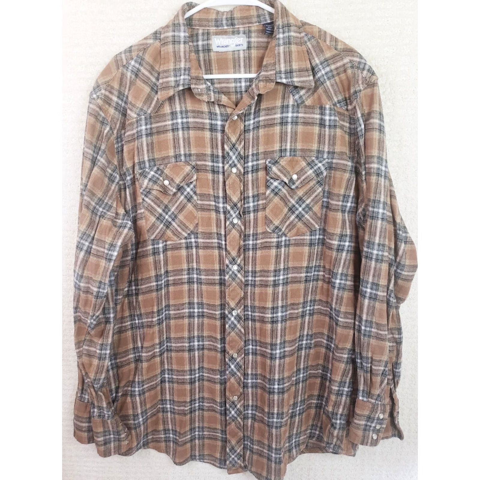 Wrangler Wrangler Wrancher Plaid Flannel Shirt 2XT Brown Blue Long Sleeve Button-Up Men's Casual Workwear 2XT Big & Tall Pockets Cotton Size US XXL / EU 58 / 5 - 2 Thumbnail