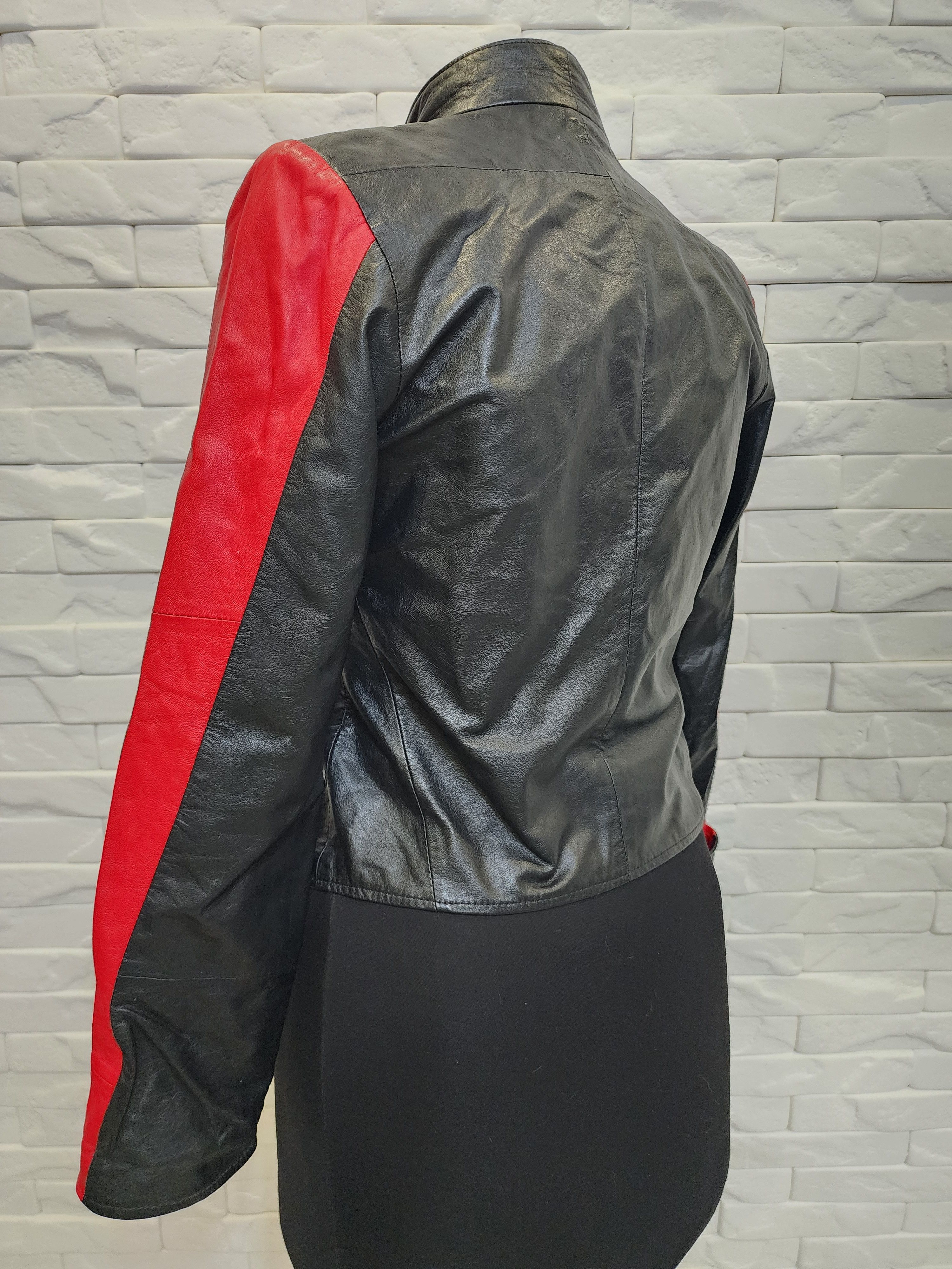 Genuine Leather Women's black leather jacket with red inserts. Size XS / US 0-2 / IT 36-38 - 6 Thumbnail