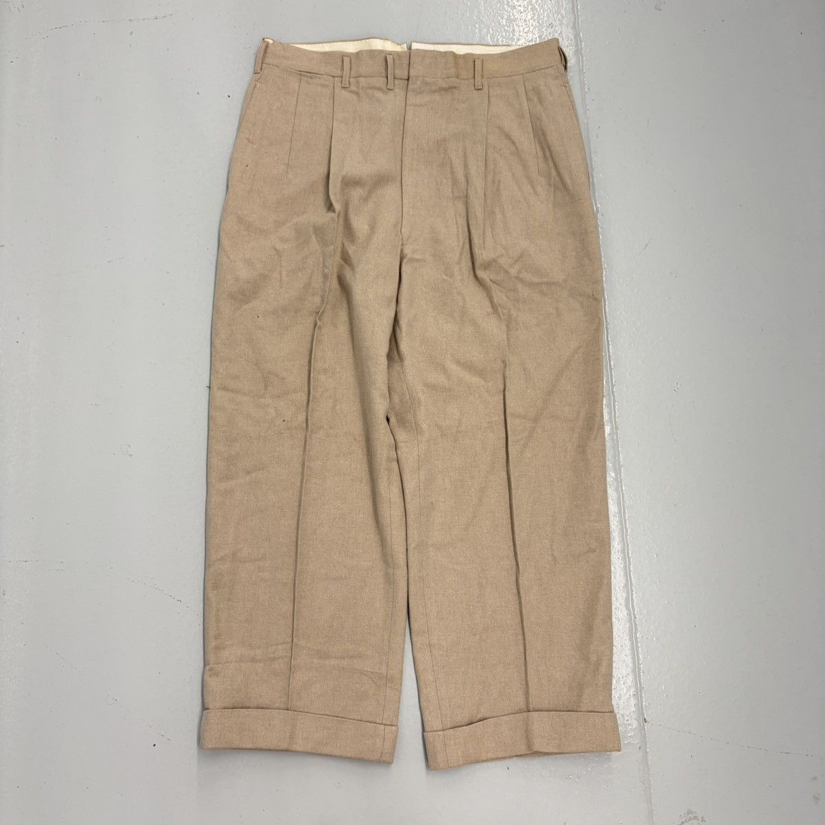 NOS Vintage 50s Tan Wool Drop Loop Wide Leg Trousers 34x26