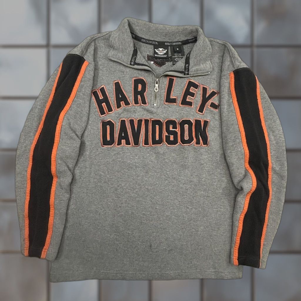Harley Davidson VINTAGE Harley-Davidson Sweater Mens Medium Gray 1/4 Zip Pullover Sleeve Stripes Logo Graphic Print Size US M / EU 48-50 / 2 - 1 Thumbnail