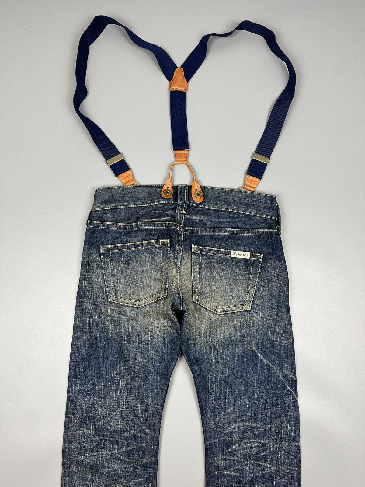 If Six Was Nine × Le Grande Bleu (L.G.B.) 🔥Flared🔥 SLY Glamour Jeans With Suspenders Leather Denim Size US 32 / EU 48 - 4 Thumbnail