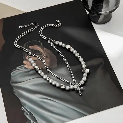 Jewelry Cross Double Layered Pearl Necklace Size ONE SIZE - 3 Thumbnail