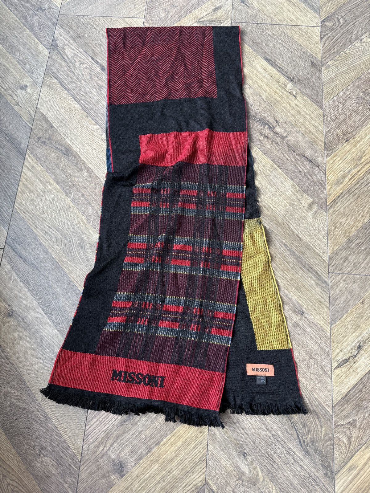 Missoni 100% Wool Scarf Black Red Plaid Logo Fringe
