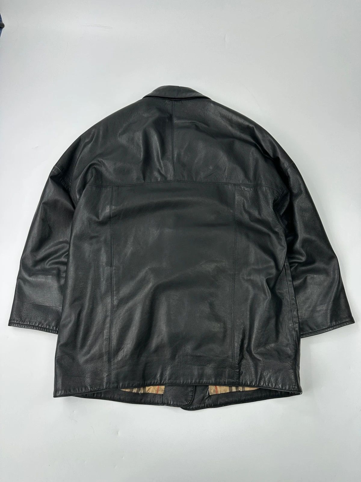 Burberry Burberrys 90s Black Leather Trench Coat Tartan Monogram Size US L / EU 52-54 / 3 - 7 Thumbnail