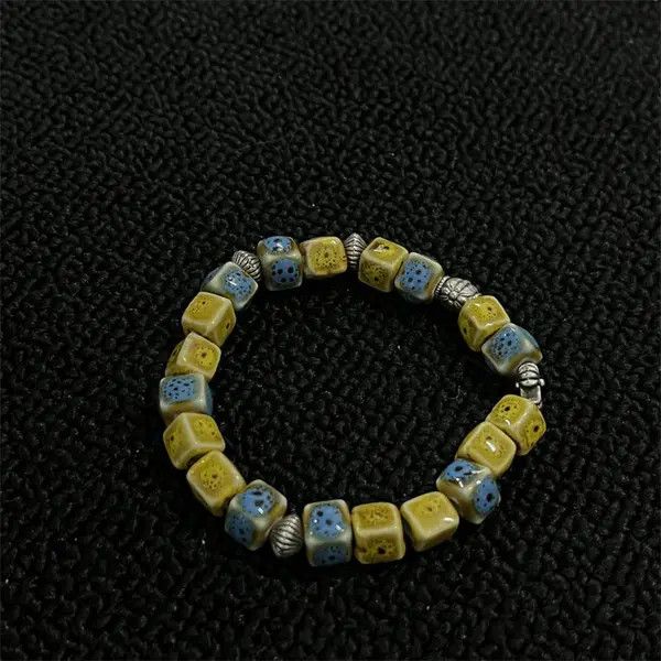 Jewelry Yellow Blue Ceramic Beaded Bracelet, Handmade Beads Size ONE SIZE - 5 Thumbnail
