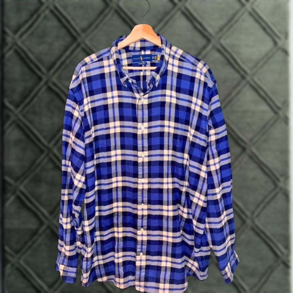 Polo Ralph Lauren Polo Ralph Lauren Button-Down Shirt Plaid Brushed Cotton Flannel 2XB Big & Tall Blue/Navy/Cream Plaid Classic Button Up Mens Size US XXL / EU 58 / 5 - 1 Thumbnail