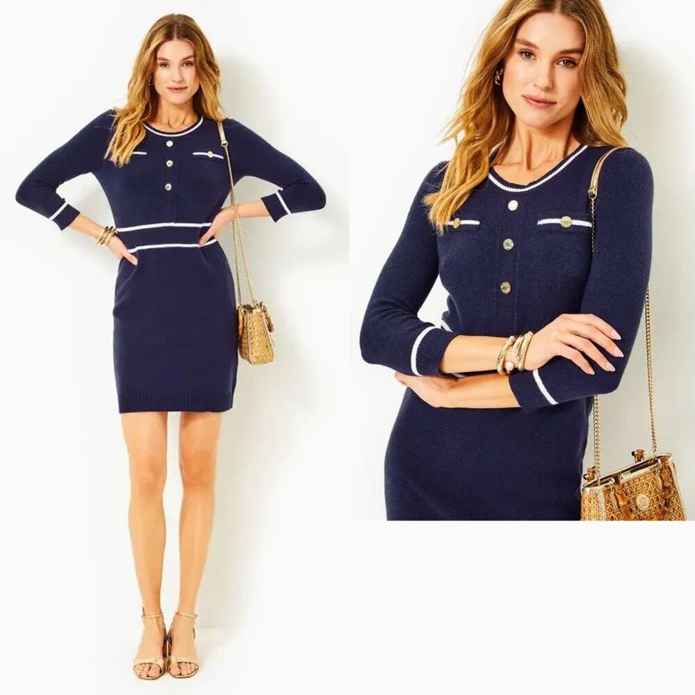 Lilly Pulitzer NWT New $198 Lilly Pulitzer Danley Sweater Navy Knit Dress Size XL / US 12-14 / IT 48-50 - 2 Thumbnail