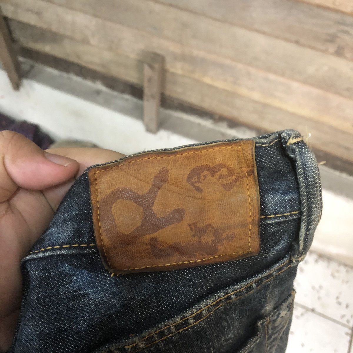 DL R 45rpm selvedge Black faded Distressed Denim Pants #7321