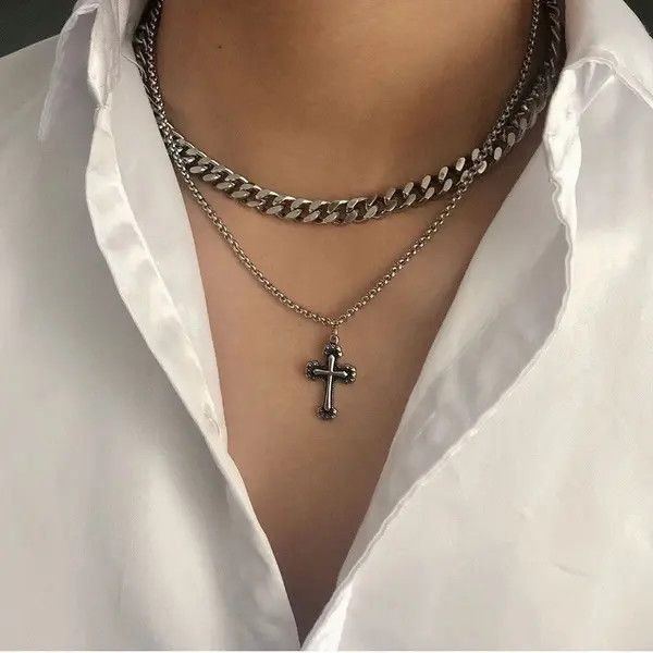 Jewelry Double Layer Chain Cross Necklace Size ONE SIZE - 1 Thumbnail