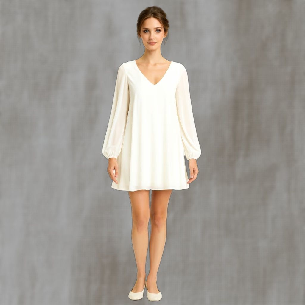 Show Me Your MuMu Women M Ethereal Trapeze Swing Shift Mini Dress Chiffon Flowy White Long Sleeve V-Neck Dress