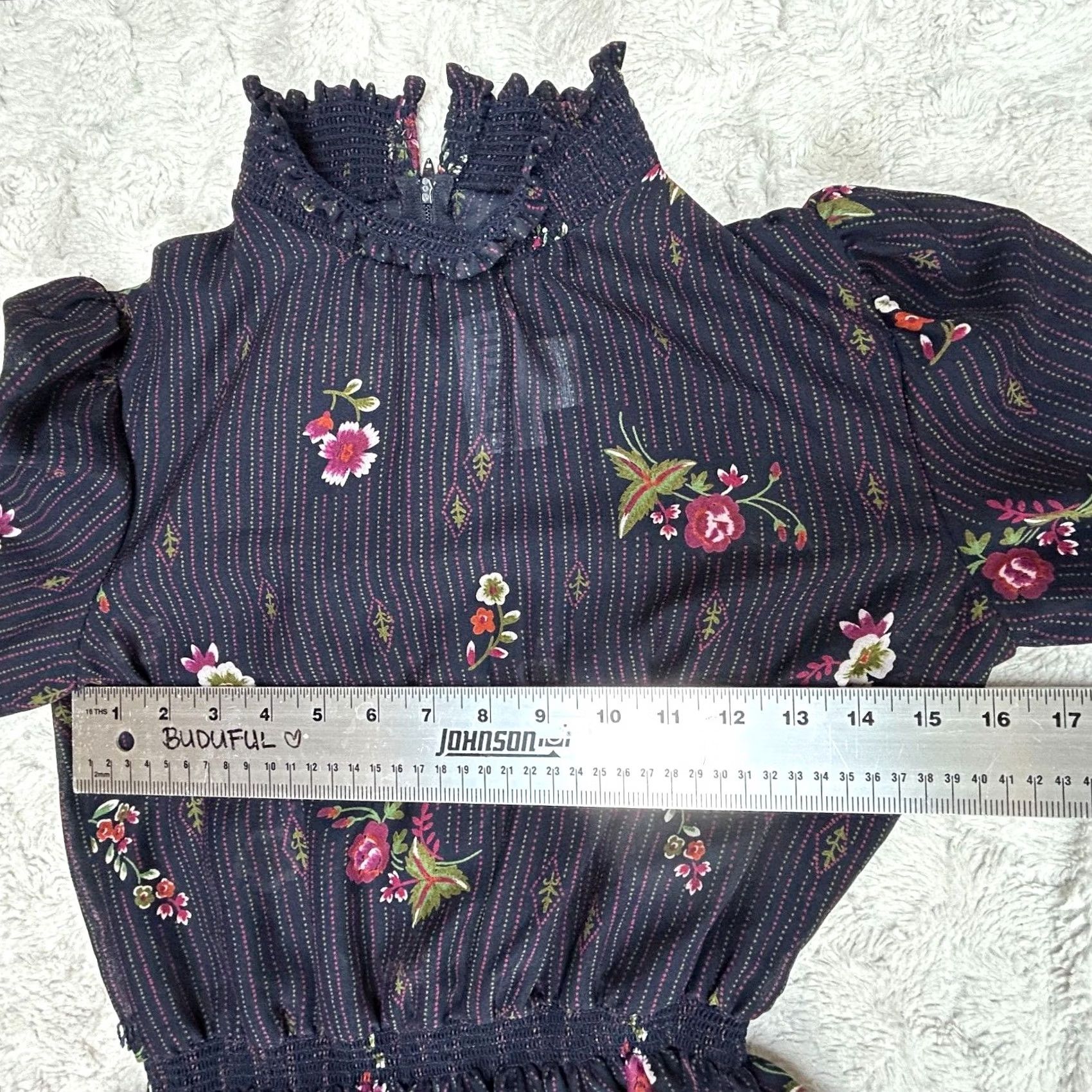 Vintage LF Petite Vintage Union Made Floral Print Mock Neck Ruffle Dress Size 6 Navy Dress Size 3XL / US 20-22 - 5 Thumbnail