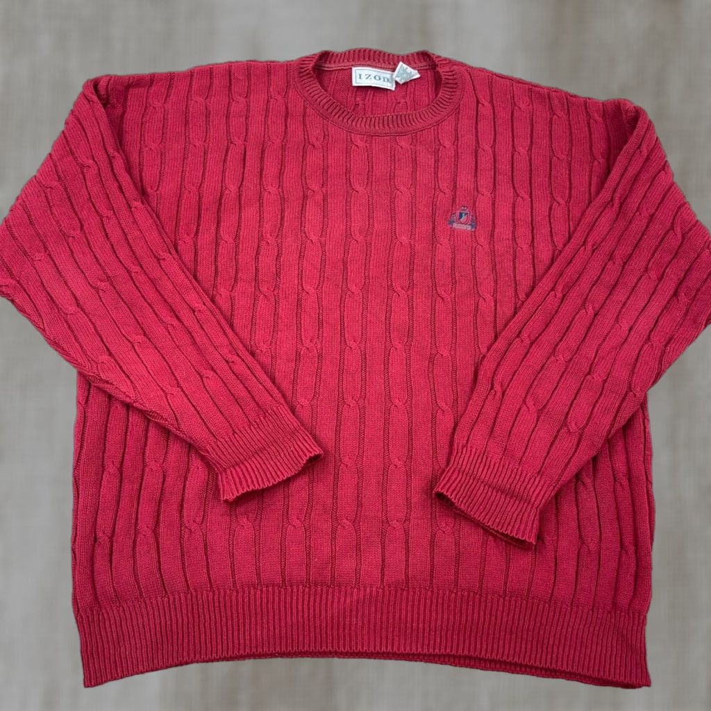 Izod VINTAGE IZOD Sweater Men L Red Cable Knit Crew Neck Golf Grandpa USA 80s Size US L / EU 52-54 / 3 - 1 Thumbnail