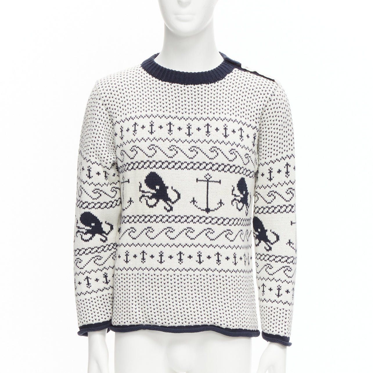 Thom Browne THOM BROWNE off white navy nautical octopus intarsia button shoulder ringer sweater SZ.3 L Size US L / EU 52-54 / 3 - 1 Thumbnail