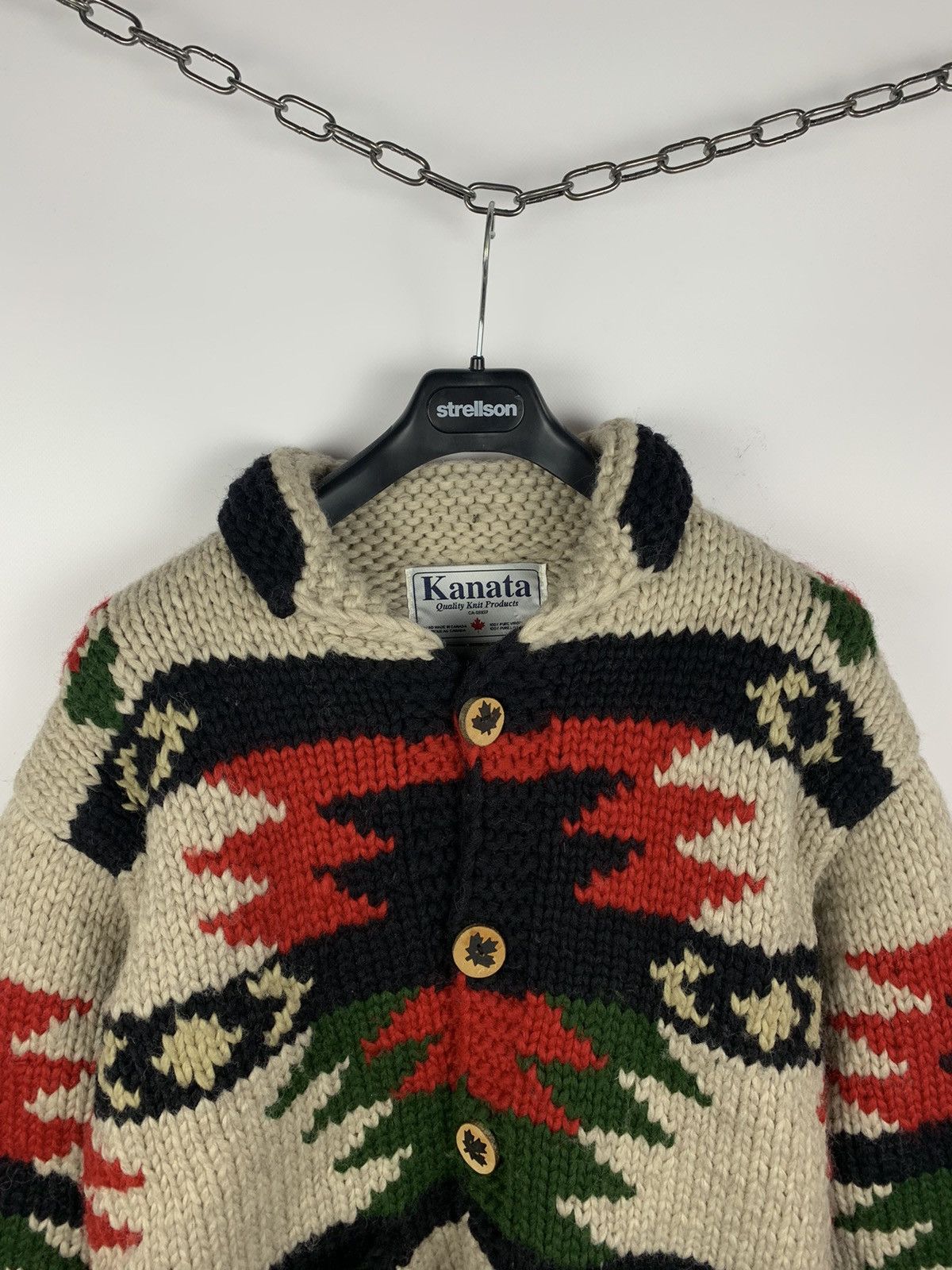 Vintage Kanata Cowichan Wool Knit Shawl Sweater Cardigan 90s