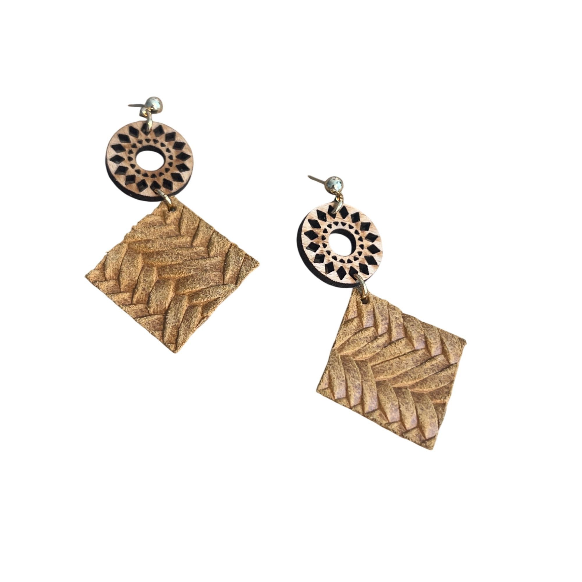 Other Leather Mandala Dangle Earrings Laser Cut Wood Pierced Gold Size ONE SIZE - 1 Thumbnail