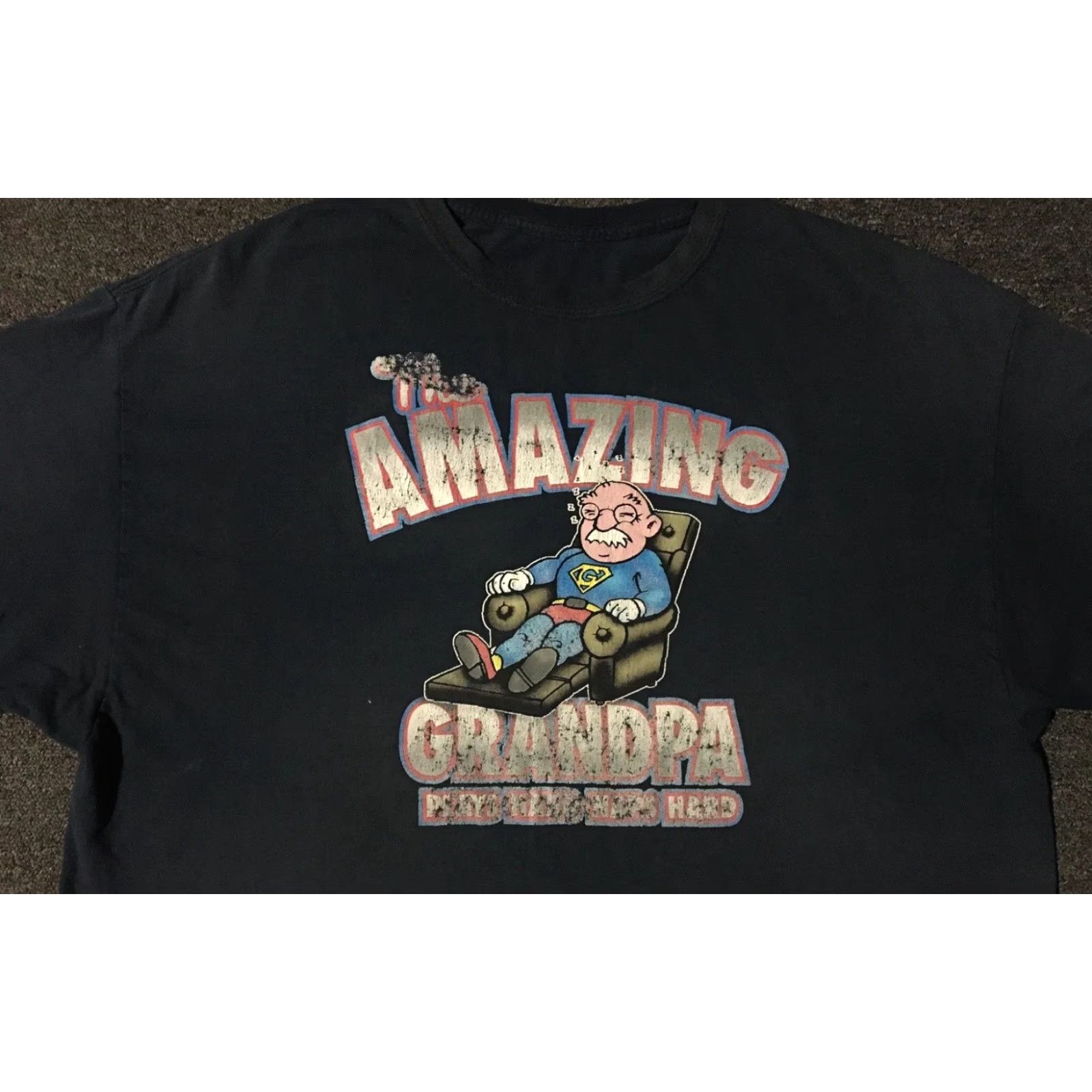 Vintage VINTAGE Amazing Grandpa Play Hard Nap Hard Faded Distressed Shirt 2XL Blue Mens T-Shirt 90s Grunge Dad Humor USA Size US XXL / EU 58 / 5 - 6 Thumbnail
