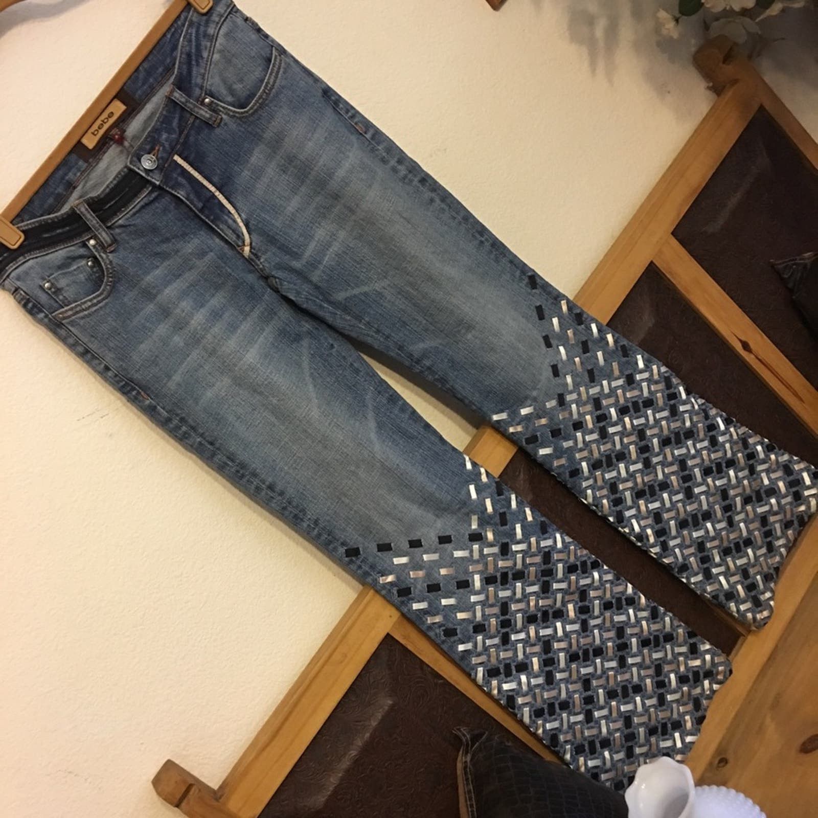 image of Bebe Fancy Woven Ribbon Boot Cut Jeans 28 in Blue, Women's
