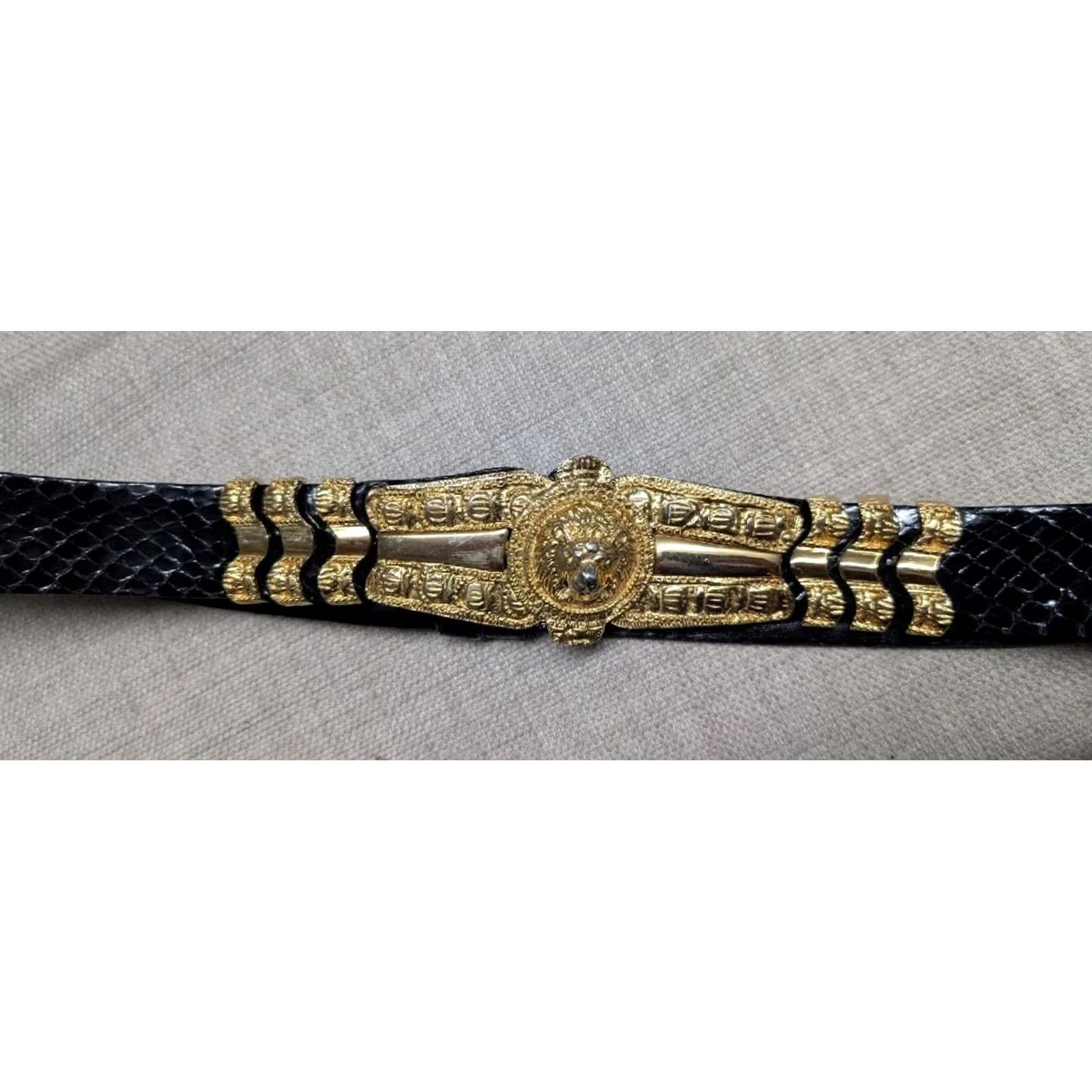Judith Leiber VINTAGE JUDITH LEIBER Belt snakeskin LION BUCKLE gold black adjustable 24-38" OS Women 1990's 1980's Glam Statement Size ONE SIZE - 3 Thumbnail