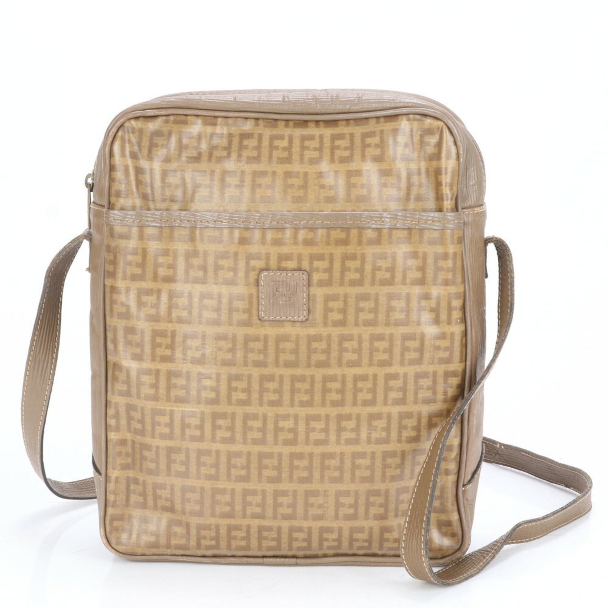 Fendi Zucchino Leather Shoulder Bag Crossbody Handbag Tote For Women in Beige