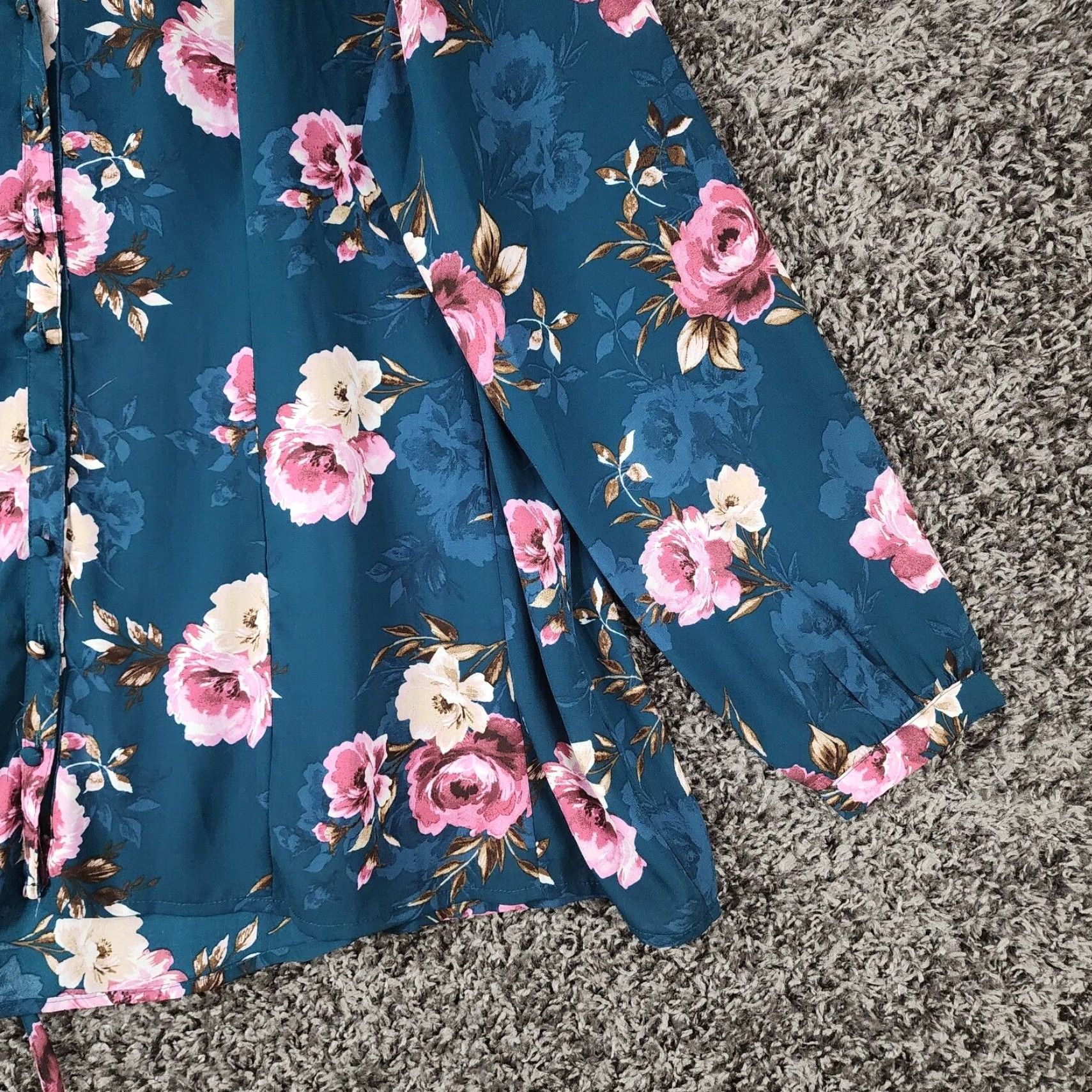Torrid TORRID Harper Floral Button-Up Shirt Womens Long Sleeve Size 00 Green Teal Size XXS / US 00 / IT 34 - 2 Thumbnail
