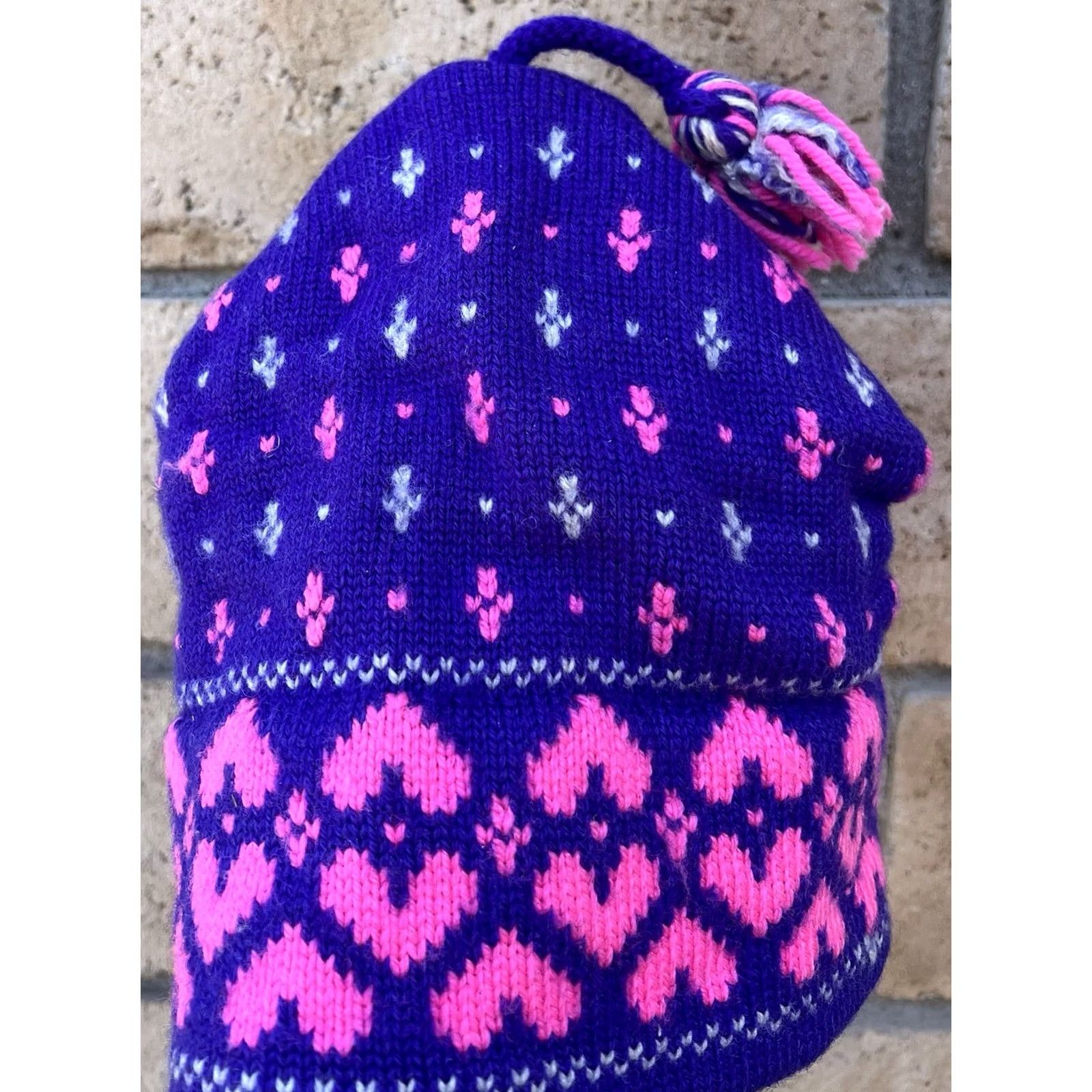 Pinko VINTAGE 80s Wool Ski Beanie Hat Purple Pink Tassel Cap Canada Fair Isle Cappello Size ONE SIZE - 4 Thumbnail