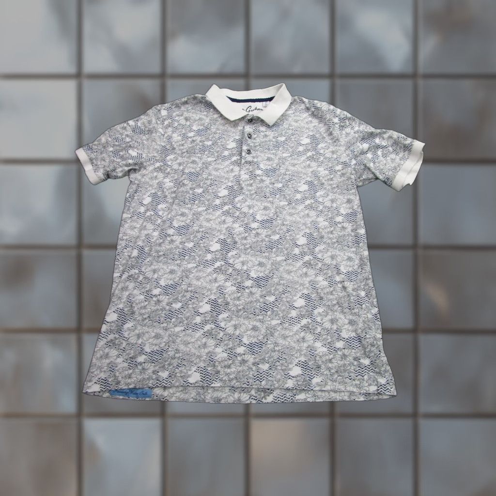 Robert Graham Polo Shirt Mens Large White Floral Pattern Short Sleeve Classic Cotton