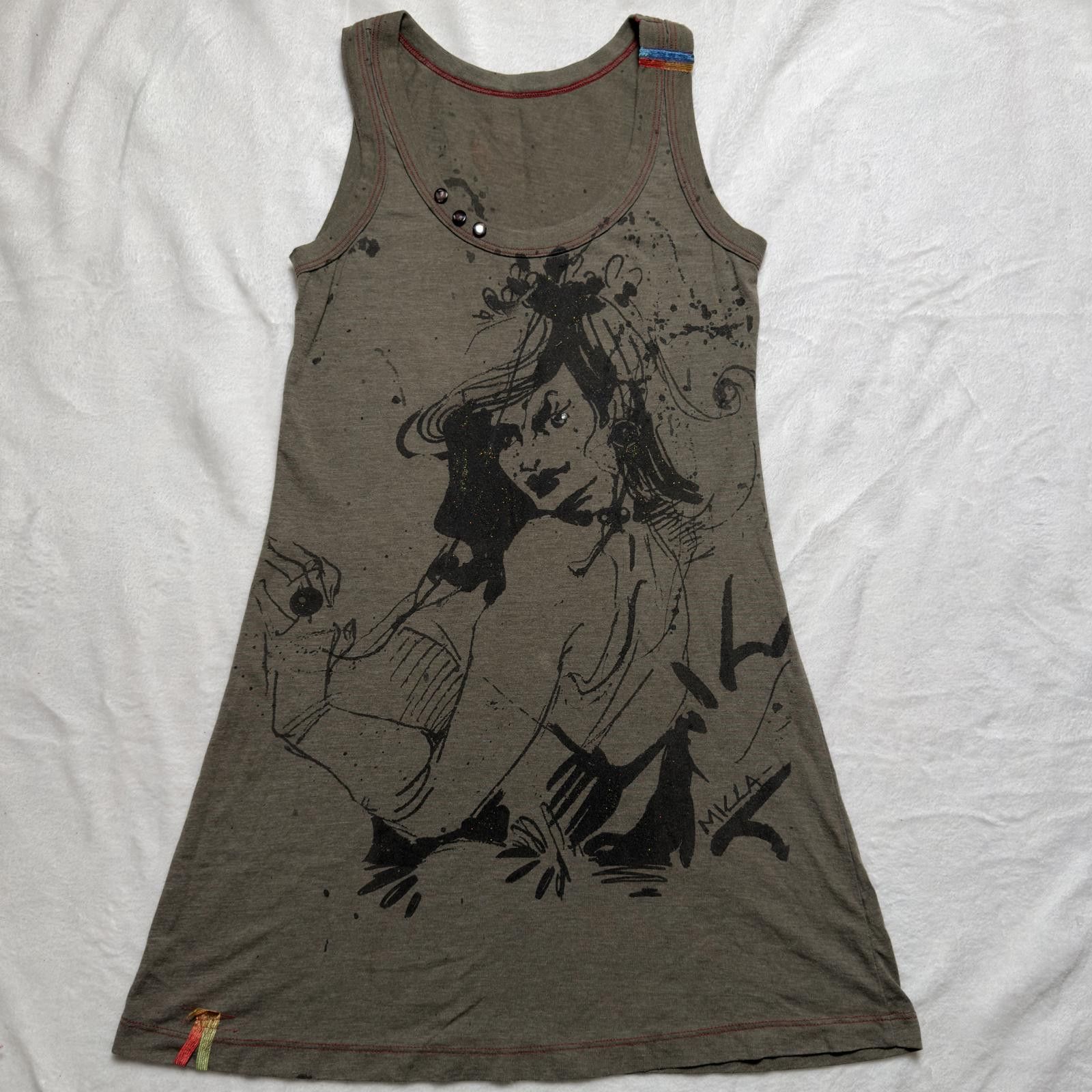 Unknown London Y2K Graphic Print Mini Dress Olive Green Grunge Embellished Size M / US 6-8 / IT 42-44 - 1 Thumbnail