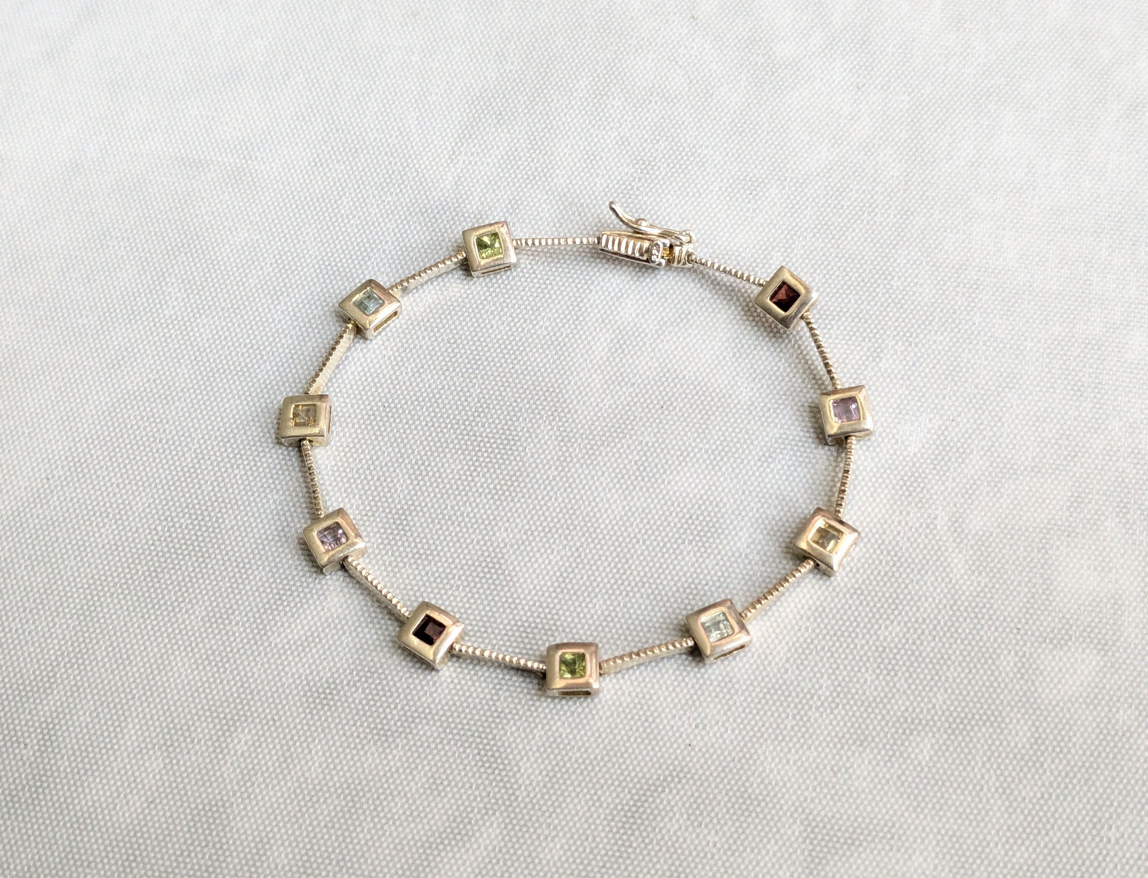 Jewelry Vintage Sterling Silver Tennis Bracelet Square 7" Rainbow Size ONE SIZE - 4 Thumbnail