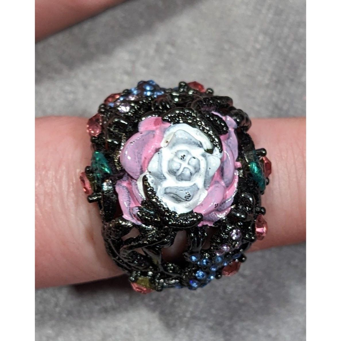 Other Pastel Goth Romantic Floral Enamel And Gemmed Ring Size 8 1/ Size ONE SIZE - 9 Thumbnail