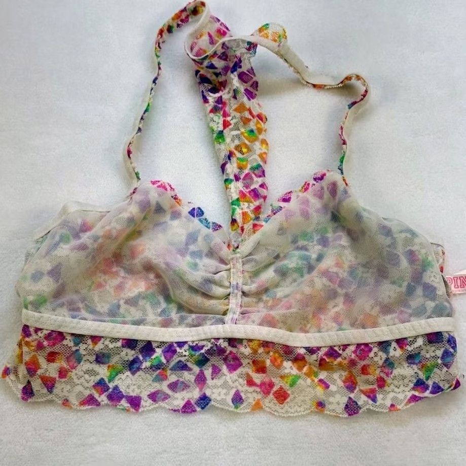 Victoria's Secret VINTAGE VS PINK Bralette Lace Racerback Sheer Neon Y2K Festival Lingerie Size M Womens Bralette Wireless Lace Semi-Sheer Geometric Pattern White Size ONE SIZE - 7 Thumbnail