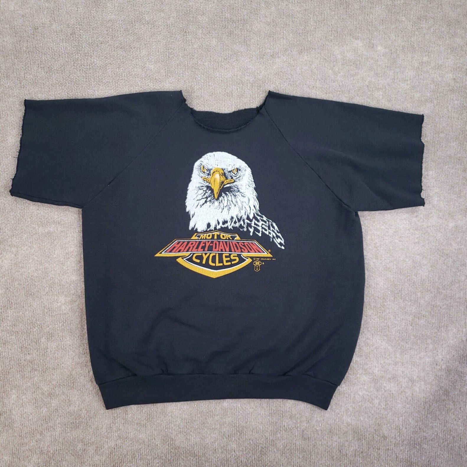 image of Vintage Harley Davidson Cut Off Sweatshirt Mens Medium Black Eagle Moto 1987 in White