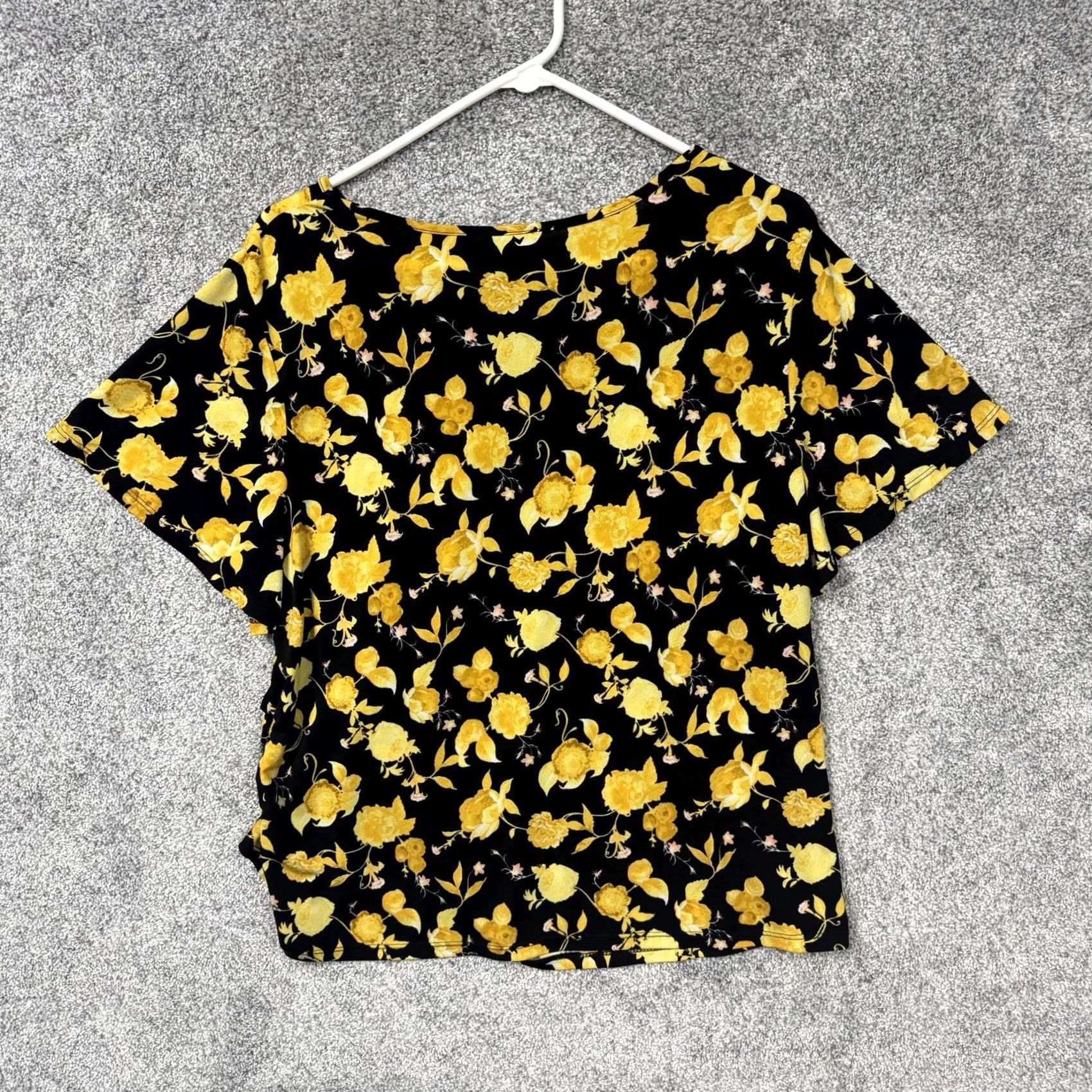 Vintage Cato T-Shirt Womens Black Yellow Floral Short Sleeve Scoop Neck with Side Knot Ruched Front Size L / US 10 / IT 46 - 7 Thumbnail