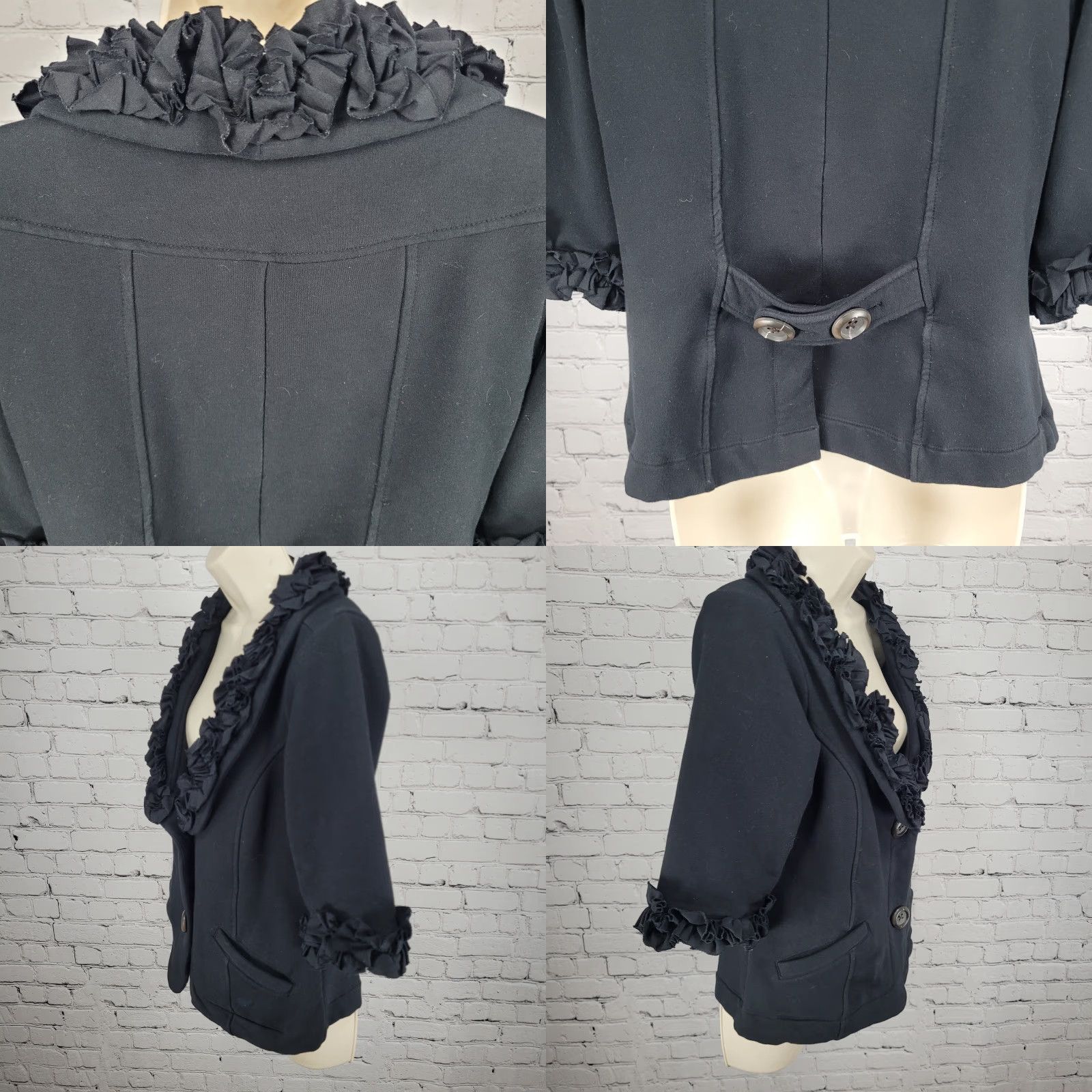 Nordstrom Nick & Mo Nordstrom Black Buttoned Ruffle 3/4 Sleeve Stretch Jacket Large L Size L / US 10 / IT 46 - 8 Thumbnail