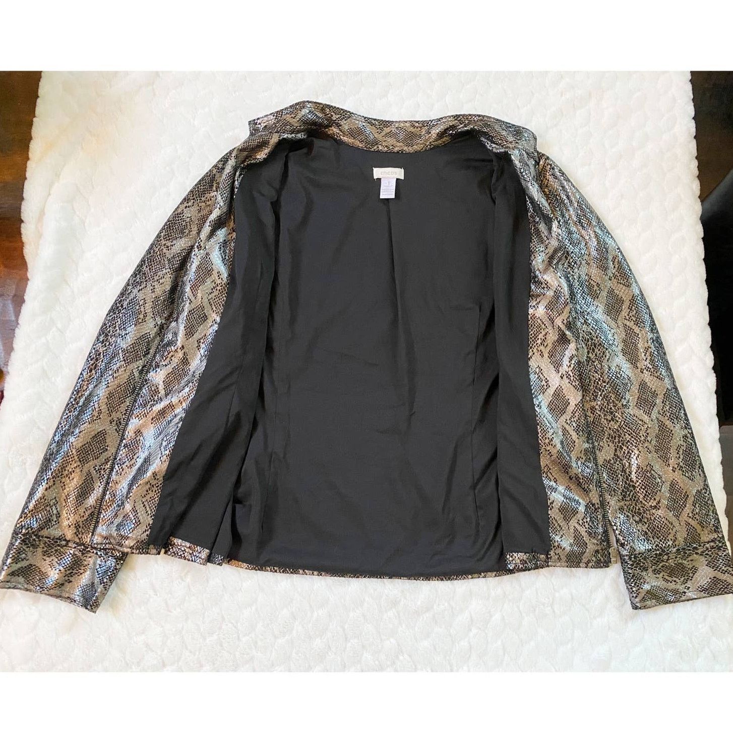 Chicos Chico’s Black Bronze Metallic Zip Jacket Snake Python Print Size M / US 6-8 / IT 42-44 - 9 Thumbnail