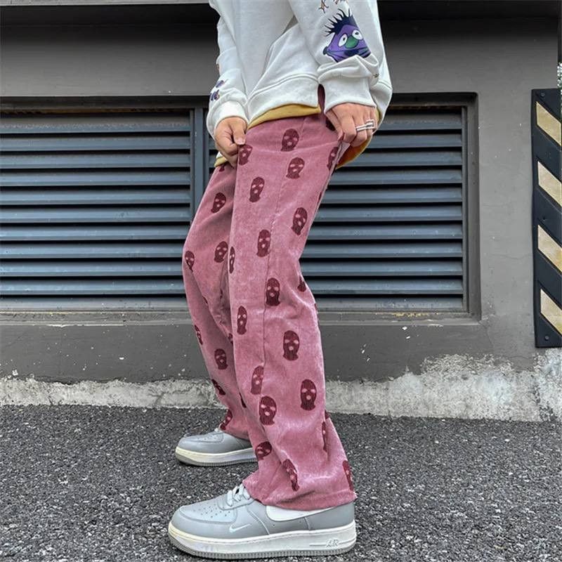 image of Vintage Gothic Baggy Pants With Mask Print in Pink, Men's (Size 30)