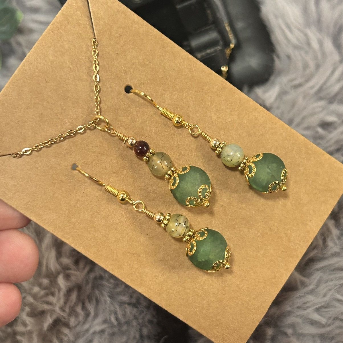 Handmade Handcrafted green crackle glass dragon vein agate set Size ONE SIZE - 1 Thumbnail
