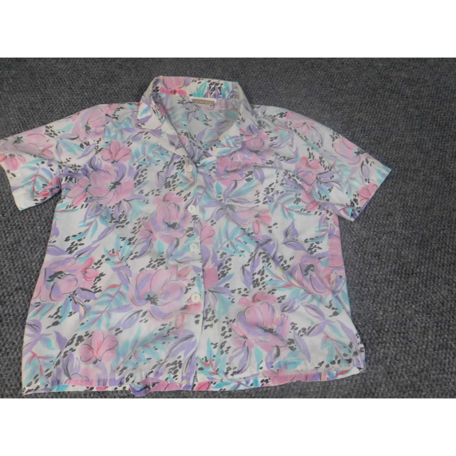 Vintage Season Ticket Blouse Womens Large Purple Floral Button Down Short Sleeve Collared Pullover Rayon Purple Floral Casual Classic Stretch L Womens Size L / US 10 / IT 46 - 3 Thumbnail
