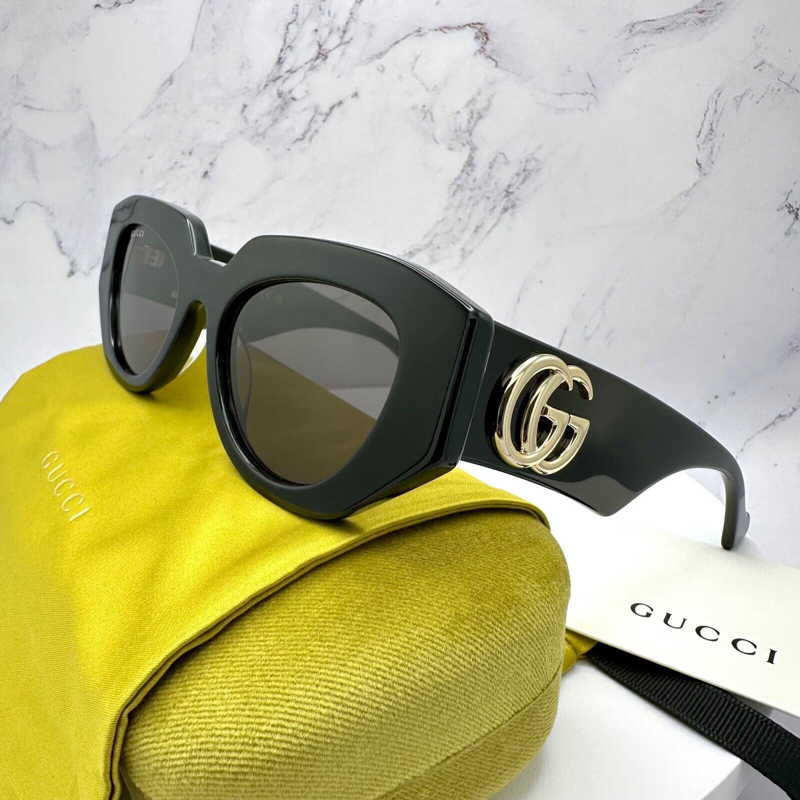 Gucci Sunglasses Black Cat Eye Gold Interlocking GG Logo