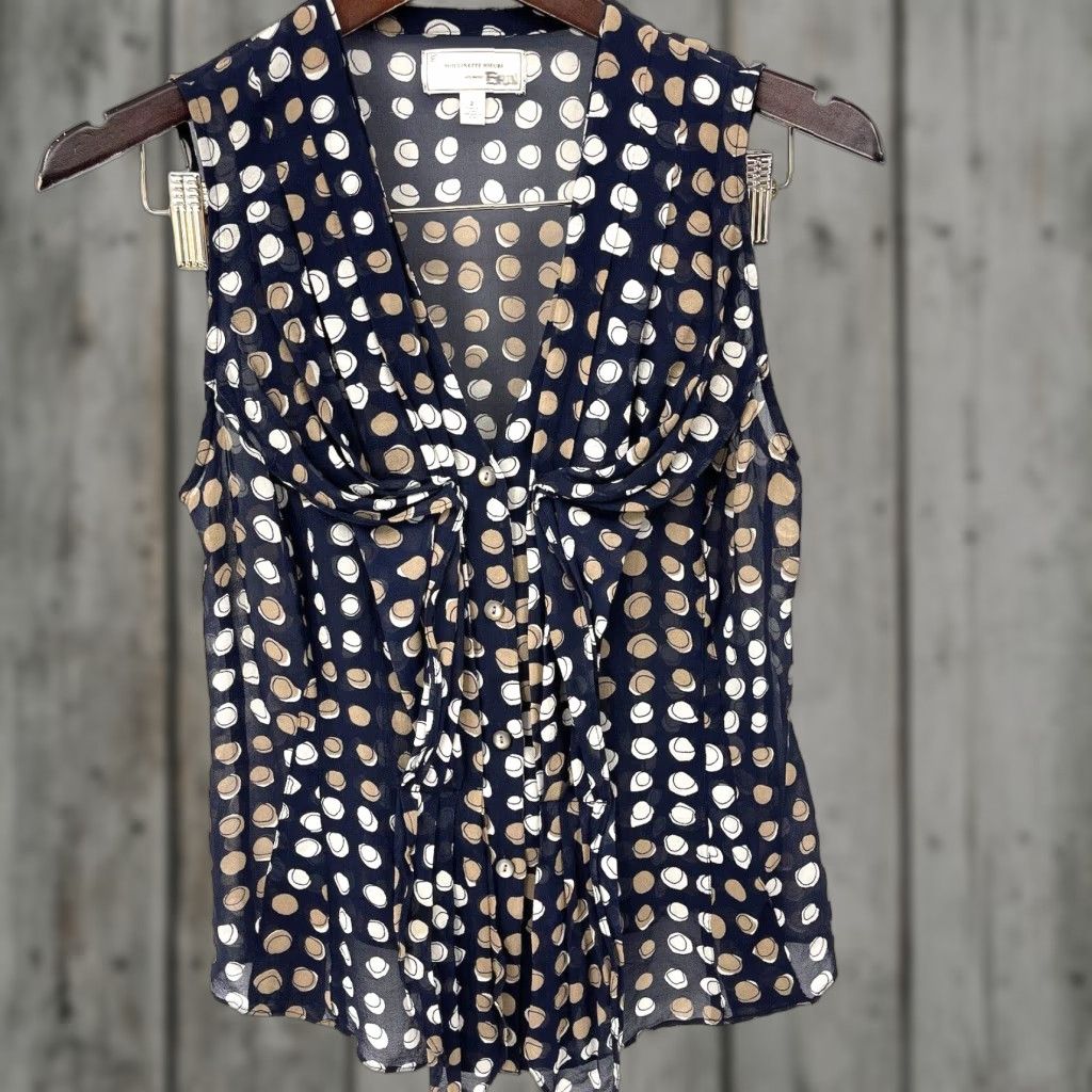 Anthropologie VINTAGE Moulinette Soeurs Blouse Women Sleeveless Ruffle Sheer Geometric Blue 2 Size XS / US 0-2 / IT 36-38 - 1 Thumbnail